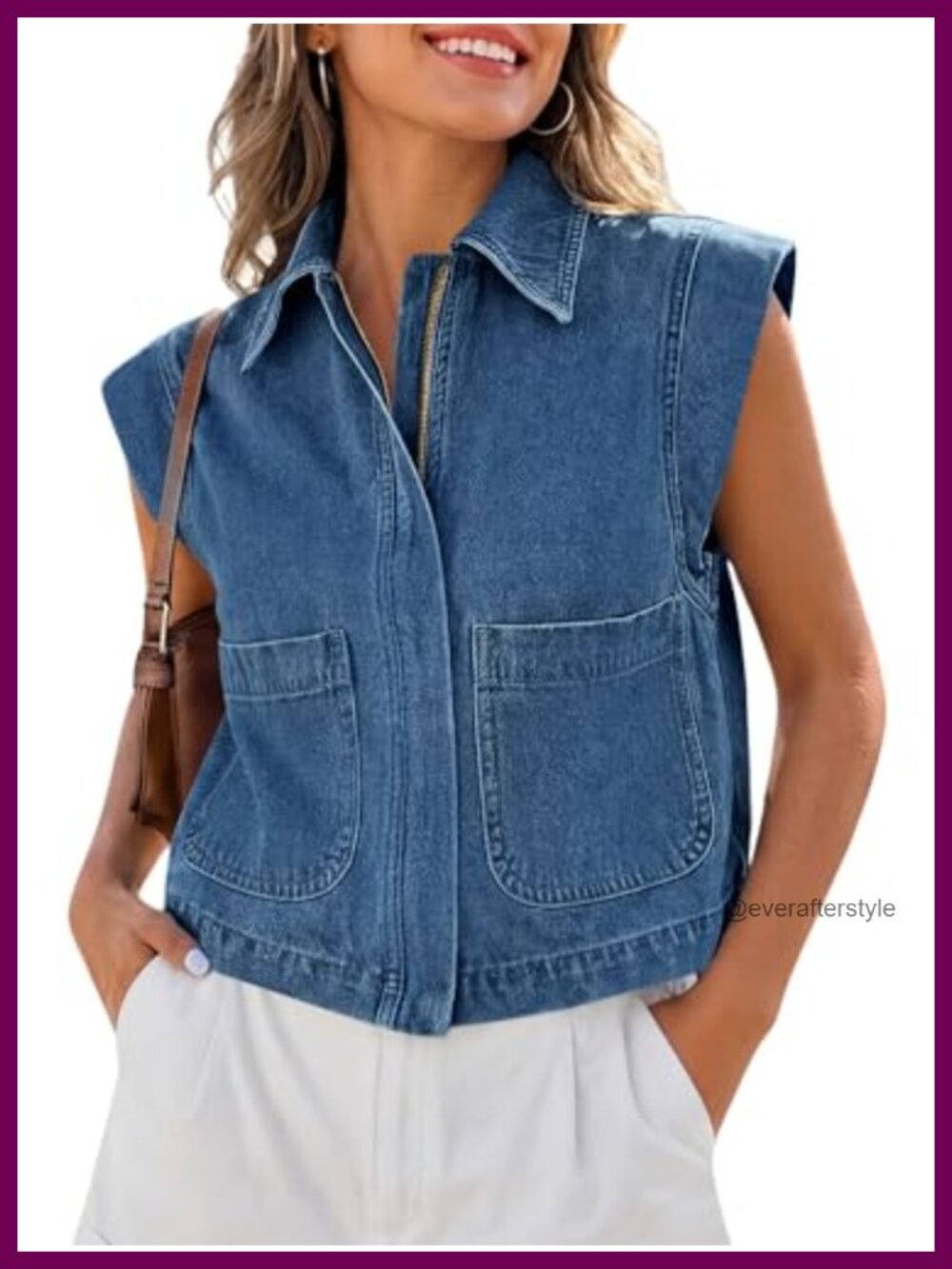 Zip Up Denim Vest Top Women Cap Sleeve Cropped Jean Vest